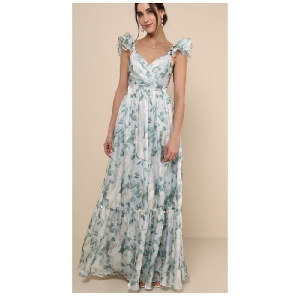Lulus Soiree Perfection Blue Floral Ruffled Tiered Maxi Dress Large Wedding